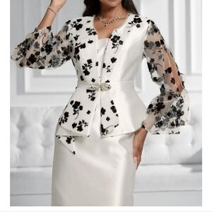 Elegant White Peplum Dress with Black Floral Sheer Sleeves